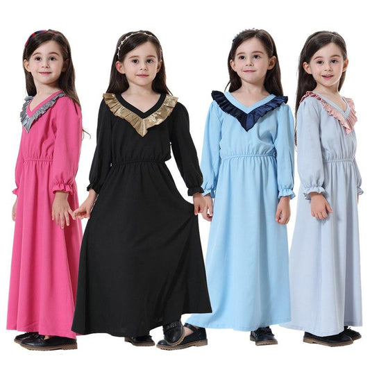 Robe Abaya à manches longues et col en V pour filles et enfants arabes du Moyen-Orient