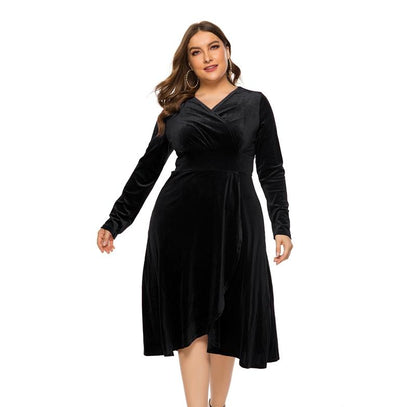 Elegant Golden velvet V-Neck Plus Size Women Dress