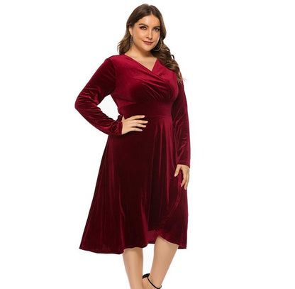 Elegant Golden velvet V-Neck Plus Size Women Dress