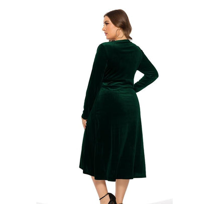 Elegant Golden velvet V-Neck Plus Size Women Dress