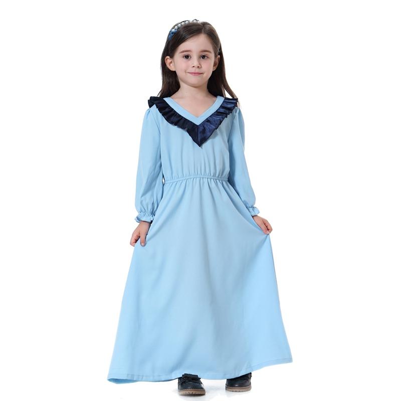 V-Neck Long Sleeve Abaya Dress For Girls Middle East Arab Kids